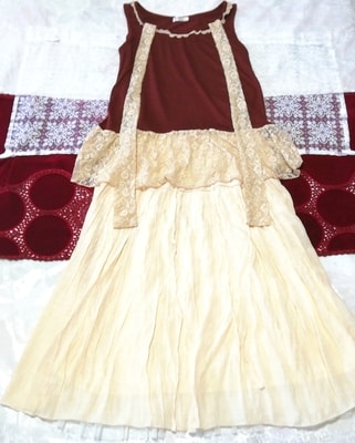 ブラウン亜麻色レースノースリーブチュニック ネグリジェ ロングスカート 2P Brown flax lace sleeveless tunic negligee long skirt