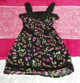 黒ブラックフルーツ柄シフォンネグリジェノースリーブワンピース Black fruit pattern chiffon negligee mini skirt dress