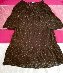 焦茶ブラウン長袖花柄フレアレースネグリジェチュニックワンピース Dark brown long sleeve flower pattern lace negligee tunic dress