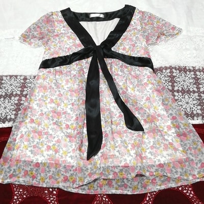 黒Vネック花柄シフォンネグリジェチュニックワンピース Floral pattern chiffon negligee tunic dress