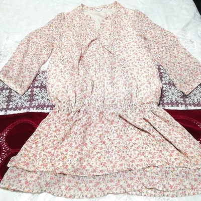 花柄ピンクシフォンネグリジェワンピースチュニック Flower pattern pink chiffon negligee tunic dress