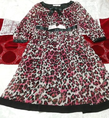 黒ピンクヒョウ柄シフォン長袖チュニック ネグリジェ ワンピース Black pink leopard print chiffon long sleeve tunic negligee dress