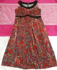赤花柄ベロアノースリーブネグリジェチュニックワンピース Red flower pattern velour negligee sleeveless skirt tunic dress