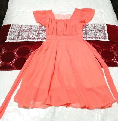 サーモンピンクシフォンネグリジェチュニックワンピースドレス Salmon pink chiffon negligee tunic dress