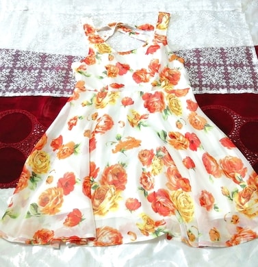 白赤オレンジ花柄シフォンノースリーブ ネグリジェ ミニワンピース White red orange floral chiffon sleeveless negligee mini dress