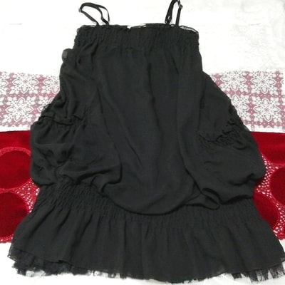 黒シフォンレースポケット ネグリジェ ミニスカートキャミソールワンピース Black chiffon lace pocket negligee miniskirt camisole dress