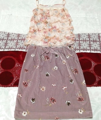 ピンク花柄フリルシフォンキャミソール ネグリジェ 紫ベロアスカート 2P Pink floral pattern frill camisole negligee purple velor skirt