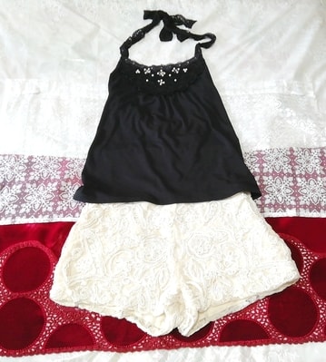 黒レースキャミソール ネグリジェ 白珠ショートパンツ 2P Black lace camisole negligee white ball shorts