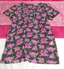 ピンクと黒バラ花柄ネグリジェチュニックワンピース Pink and black rose flower pattern negligee tunic dress