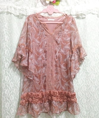 ココア色薔薇柄シフォンネグリジェチュニック Brown rose decoration ethnic pattern chiffon negligee tunic dress