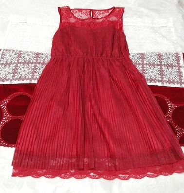 赤レースシフォンプリーツスカート ネグリジェ ノースリーブワンピースドレス Red lace chiffon pleated skirt negligee sleeveless dress