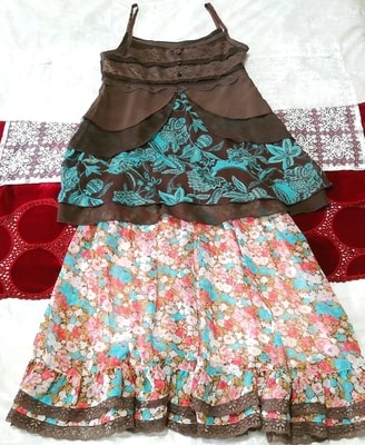 エスニックシフォンキャミソール ネグリジェ 水色赤白花柄フレアミニスカート 2P Ethnic floral chiffon camisole negligee flare skirt