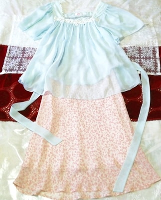 水色シフォンチュニック ネグリジェ ナイトウェア ピンク花柄スカート 2P Light blue chiffon tunic negligee nightwear pink floral skirt
