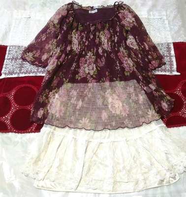紫花柄シフォンシースルーチュニックキャミソール ネグリジェ 白スカート 2P Purple floral chiffon tunic camisole negligee white skirt