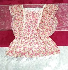 可愛いバラ花柄ピンクフリルネグリジェチュニックワンピース Cute rose flower pattern pink frills negligee tunic dress