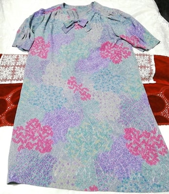 青アート柄ネグリジェチュニックワンピース Blue art pattern negligee tunic dress