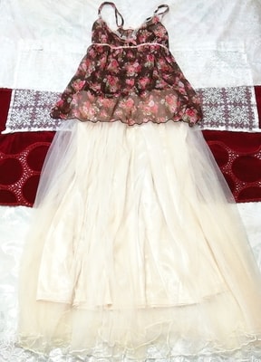 茶赤花シフォンキャミソール ネグリジェ フローラル白ロングスカート 2P Brown red chiffon camisole negligee floral white tulle skirt