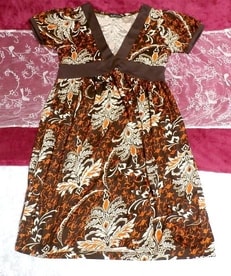茶色Vネックエスニック柄半袖ネグリジェチュニックワンピース Brown V neck ethnic pattern negligee tunic dress