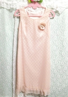 亜麻色ピンク薔薇コサージュシフォン ネグリジェ ノースリーブワンピースドレス Flax pink chiffon negligee sleeveless dress