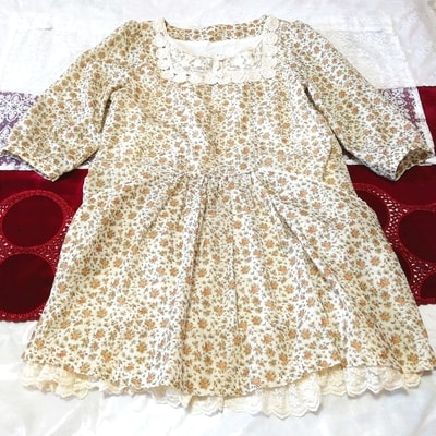 ひまわり柄綿コットン白レース長袖チュニック ネグリジェ ワンピース Sunflower pattern cotton white lace tunic negligee dress