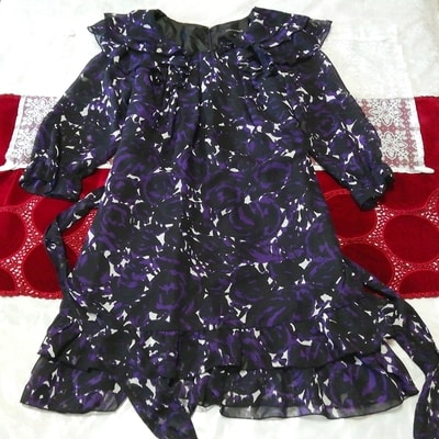 黒紫シフォンフリル長袖チュニック ネグリジェ ナイトウェア ワンピース Black purple chiffon ruffle long sleeve tunic negligee dress