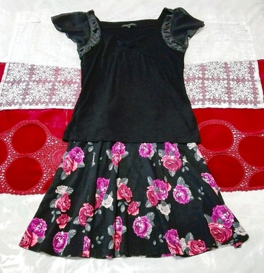 黒カットソーチュニック ネグリジェ 黒薔薇花柄ミニスカート 2P Black tunic negligee black rose floral pattern mini skirt
