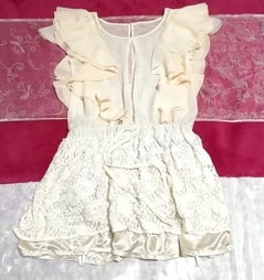 フローラルホワイトシフォンフリルネグリジェレーススカートチュニック Floral white ivory chiffon frill negligee lace tunic dress