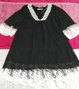 黒ブラックシフォン白レース長袖ネグリジェチュニック Black chiffon white lace negligee long sleeve tunic dress
