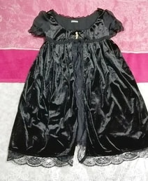 黒ブラックベロアレース半袖ネグリジェチュニックワンピース Black velour lace negligee sleeve tunic dress