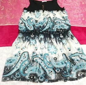 黒ニット青エスニック柄スカートノースリーブネグリジェチュニックワンピース Black knit blue ethnic pattern skirt negligee tunic dress