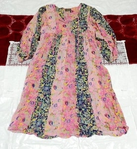ピンク青エスニック柄長袖ネグリジェチュニックワンピース Pink blue ethnic pattern long sleeve negligee tunic dress