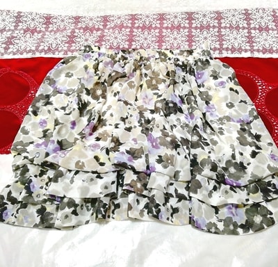 黒と灰と紫色水彩花柄裾フリルシフォンミニスカート Black ash purple water color flower pattern hem frill chiffon mini skirt