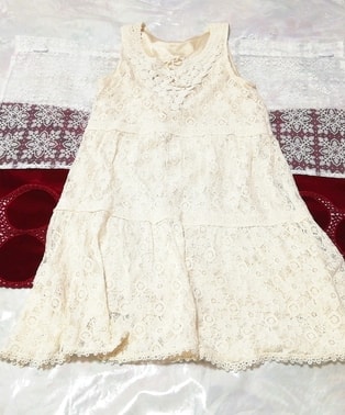 フローラルホワイトニットレースノースリーブ ネグリジェ ハーフワンピース Floral white knit lace sleeveless negligee half dress