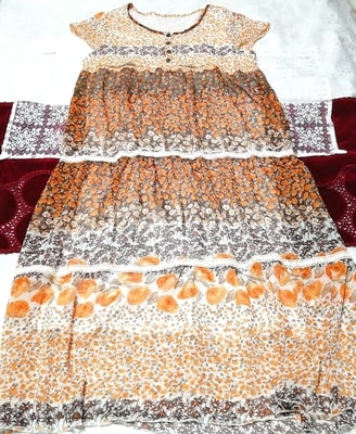 オレンジ茶色花柄シフォン半袖ロングチュニック ネグリジェ ワンピース Orange brown floral chiffon long tunic negligee dress