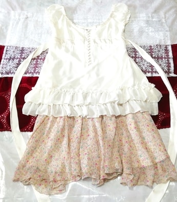 白シフォンノースリーブチュニック ネグリジェ 花柄シフォンスカート 2P White chiffon sleeveless tunic negligee floral chiffon skirt