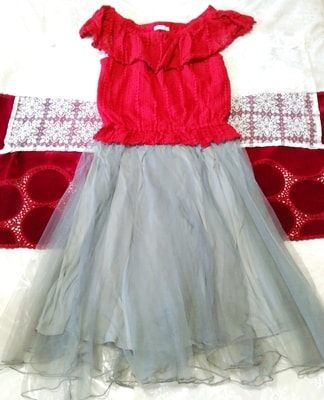 赤レースチュニック ネグリジェ グレーチュールスカート 2P Red lace tunic negligee gray tulle skirt
