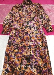 黒紫金ベロアエスニック柄ネグリジェロングマキシワンピース Black purple velour negligee ethnic pattern long maxi dress
