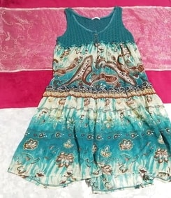 緑グリーンエスニック柄ニットネグリジェシフォンスカートワンピース Green ethnic pattern knit negligee chiffon skirt dress