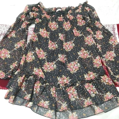 黒ブラック花柄シフォンチュニックネグリジェ Black flower pattern chiffon tunic negligee dress