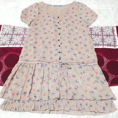 亜麻色花柄シフォンチュニックネグリジェワンピース Flax color floral chiffon tunic negligee dress