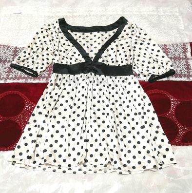 白黒水玉Vネックチュニックネグリジェワンピース Black white polka dot V neck tunic negligee dress