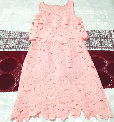 ピンクレースニット ノースリーブ ネグリジェ ナイトウェア ハーフワンピース Pink lace knit sleeveless negligee nightwear half dress