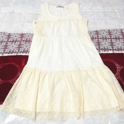 フローラルホワイト亜麻色レースリボンノースリーブ ネグリジェ ワンピース Floral white flax lace ribbon sleeveless negligee dress